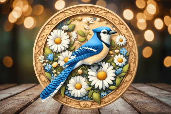 Blue Jay White Daisies Floral Door Sign