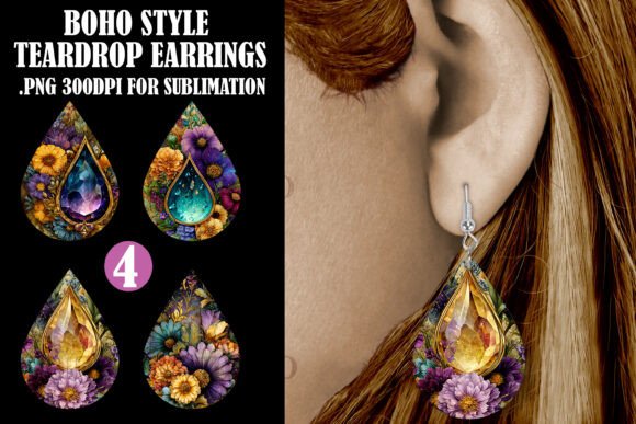 Boho Floral Teardrop Earrings PNG, S2