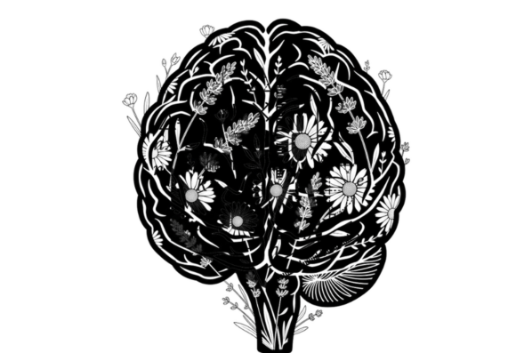 Floral Brain Art Print Black and White