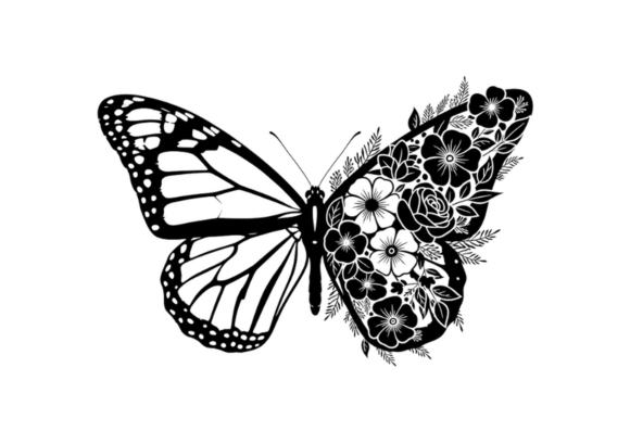Floral Butterfly Black and White Vector
