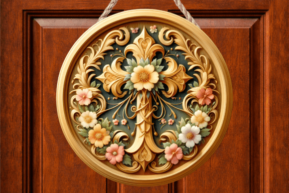 Floral Gold Cross Round Wood Door Sign