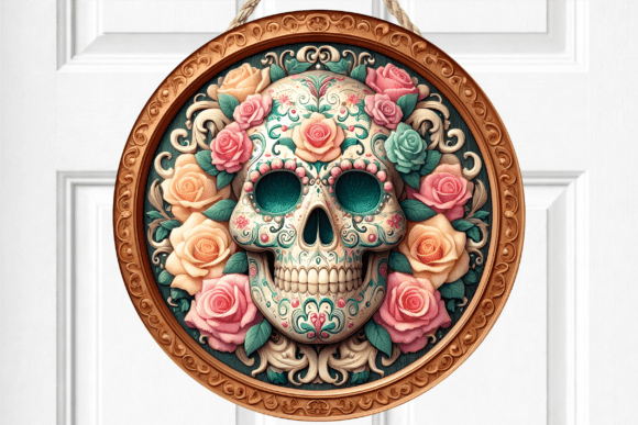 Sugar Skull Pastel Rose Floral Door Sign