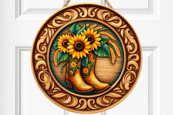Sunflower Cowboy Boots Floral Door Sign